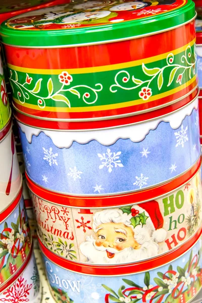 Christmas decorations - gift cans for cookies — Stock Photo, Image