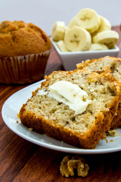 Fresh buttered banana walnut bread — Stock Photo, Image