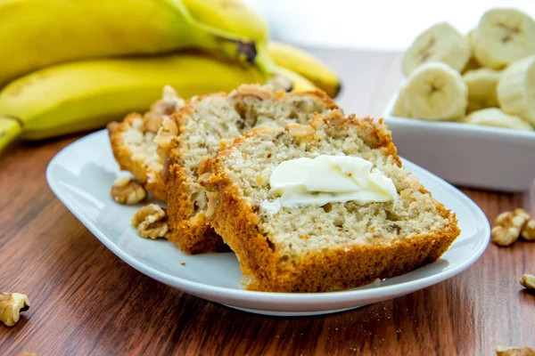 Fresh buttered banana walnut bread — Stock Photo, Image