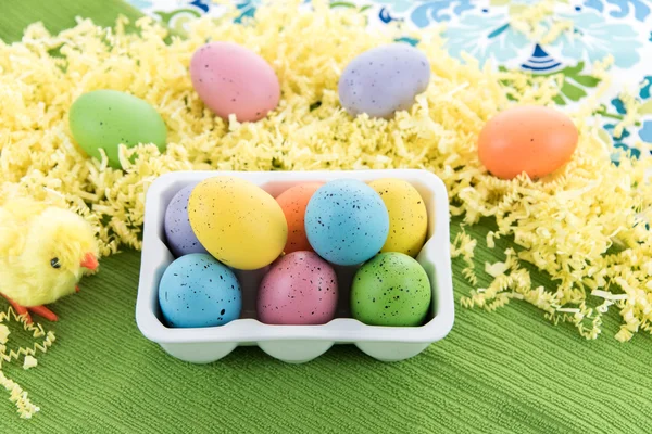 Huevos de Pascua de colores y polluelos amarillos — Foto de Stock