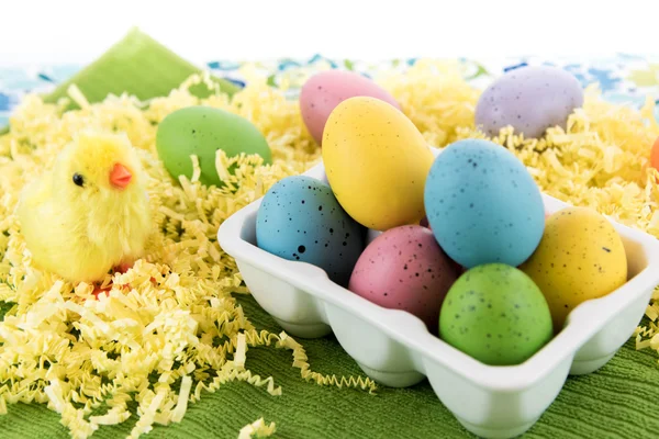 Huevos de Pascua de colores y polluelos amarillos — Foto de Stock