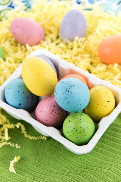 Colored Easter eggs in a white carton — Stock Photo, Image