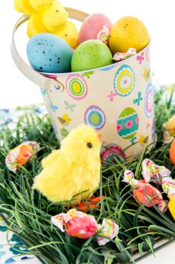 Renkli yumurta, şeker ve sarı civciv easter kova