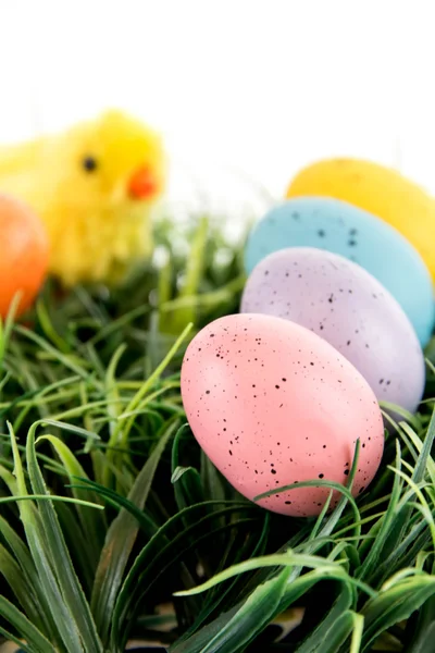 Colored Easter eggs and chick in grass — Stock Photo, Image