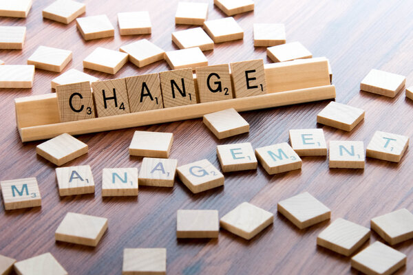 Scrabble Word Game wood tiles spelling CHANGE MANAGEMENT