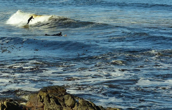 Neidentifikovatelný Surfař Chytající Vlnu Chladném Atlantském Oceánu Pobřeží Jižní Afriky — Stock fotografie