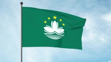 Macau Bölgesel Bayrağının 3D İllüstrasyonu beş yıldız, nilüfer çiçeği, köprü ve deniz suyunun yer aldığı yeşil bir bayrak..