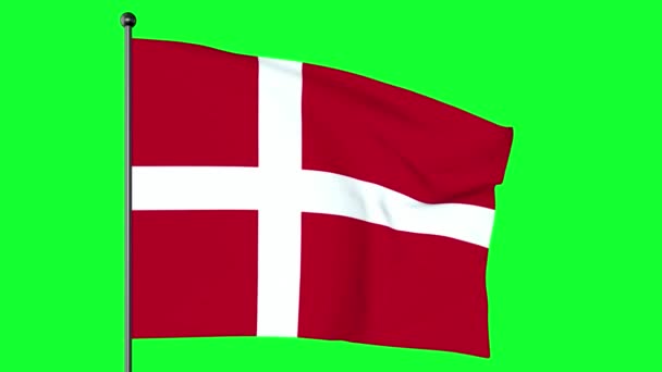 丹麦国旗的绿色屏幕3D图解是红色的 白色的斯堪的纳维亚十字延伸到国旗的边缘 — 图库视频影像