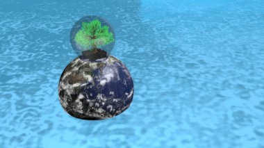 Dünya Gezegeni 'nin 3 boyutlu bir çizimi. Suyun üzerinde süzülüyor. Tepesinde bir ağaç var.
