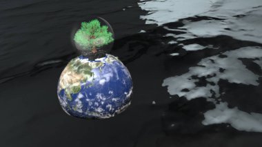Dünya Gezegeni 'nin 3 boyutlu bir çizimi okyanus suyunun üzerinde yüzüyor ve tepesinde bir ağaç var.