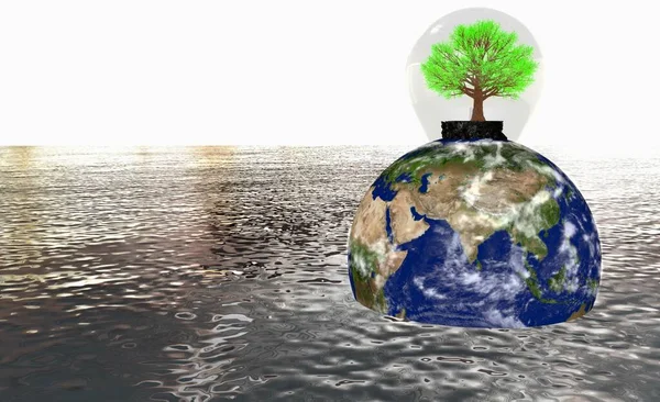 Dünya Gezegeni 'nin 3 boyutlu bir çizimi. Suyun üzerinde süzülüyor. Tepesinde bir ağaç var.