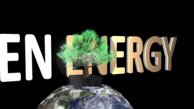 Yeşil enerjinin üç boyutlu bir çizimi. Dünya gezegeni. Karanlık uzayda, tepesinde cam kaplı bir ağaç var.