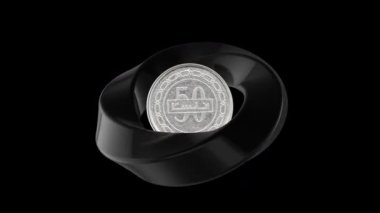 Bahreyn 50 dolar, koyu arkaplanda parlak siyah metalik spiral ile çevrili, güvenli yatırımı sembolize ediyor..