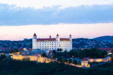 Güneşli bir yaz gününde Bratislava, Slovakya eski kasabasında Tuna kıyısında Bratislava kale güzel görünümü