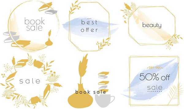 Set of labels and stickers for sale, product promotion, special offer, shopping, e-commerce. Isolated vector illustrations for web design and marketing material. Book sale.