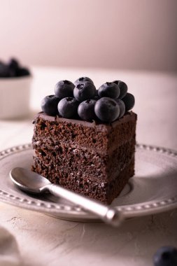 Beyaz tabakta yaban mersinli bir parça çikolatalı pasta.