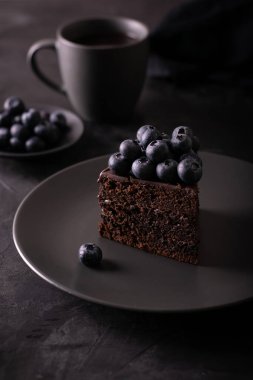 Bir parça çikolatalı pasta, yabanmersinli, sade, kasvetli.