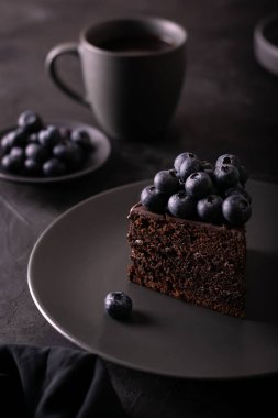 Bir parça çikolatalı kek Prag yaban mersinli, sade, kasvetli.