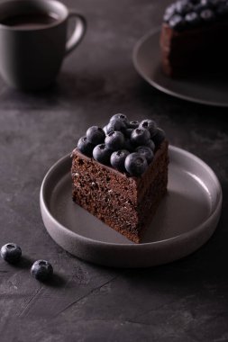 Bir parça çikolatalı pasta, yabanmersinli, sade, kasvetli.