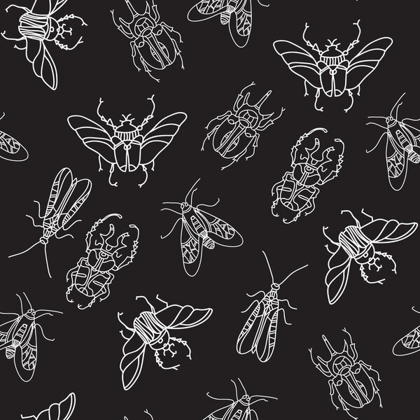 Vector seamless pattern with beetles on black background