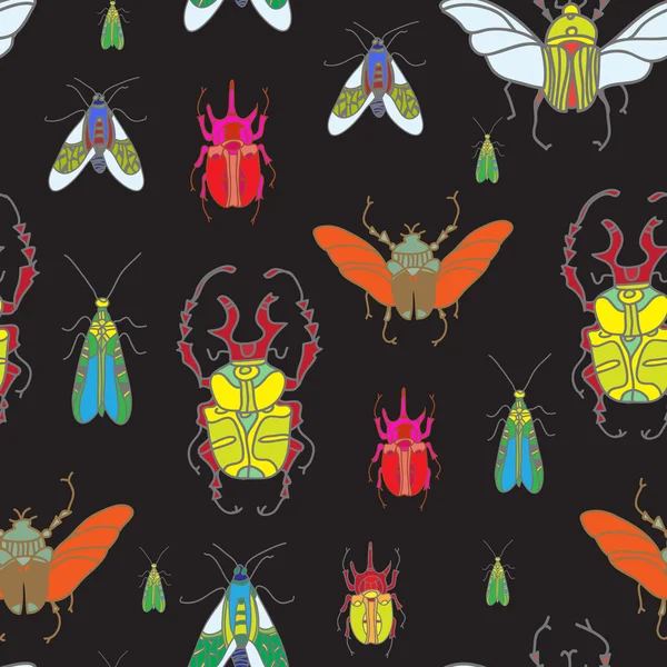 Patrón sin costura vectorial con escarabajos de color sobre fondo negro Ilustración de stock