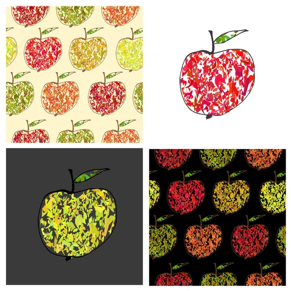 Set of vector colored illustrations and patterns with decorative apples. Endless repeating print background texture with clipping mask. — Stock Vector