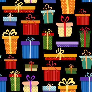 Hediye ile Seamless Modeli siyah bir zemin üzerine farklı renk kutuları