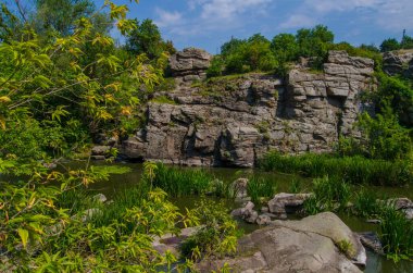 Güzel nehir yeşil ağaçların arasında taştan bir kanyonda akar, Buky Canyon Ukrayna, Hirskyi Tikych nehri, Cherkasy Oblastı