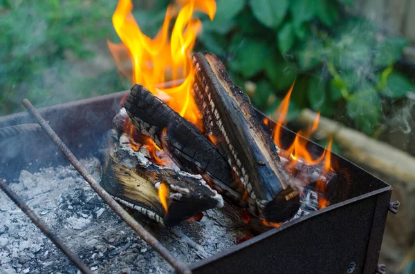 Flame Grill Barbecue Smoke Fire Ash Wood Grill Box Green — Stock Photo, Image