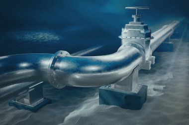 Okyanusun dibindeki su altında metal gaz boru hattı. Suyun altında kapakçık bulunan boruların 3 boyutlu çizimi. 3B görüntüleme.