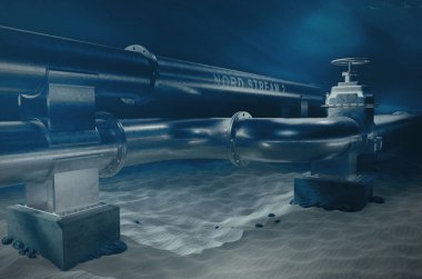Denizin dibindeki su altında metal gaz boru hattı. Üzerinde Nord akışı 2 yazan boruların suyun altında yatan 3D çizimi. 3B görüntüleme.