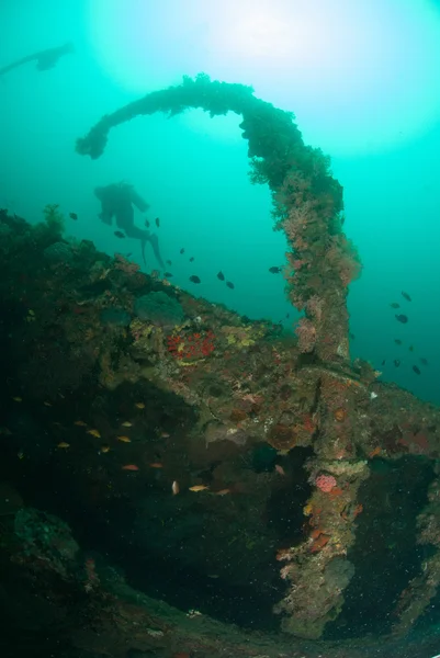 Diver, boat wreck in Ambon, Maluku, Indonesia underwater photo — Stock Photo, Image