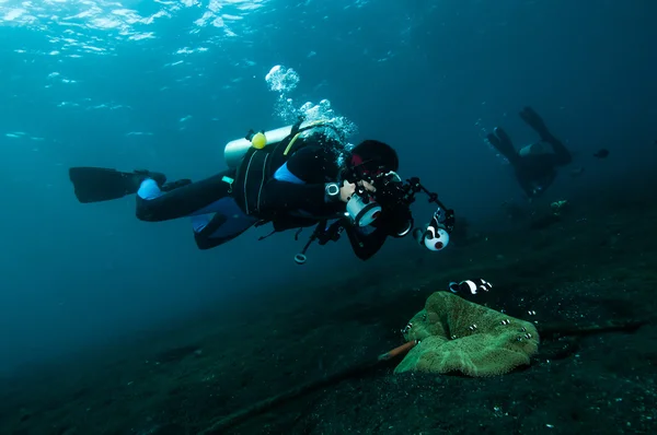 潜水员拍一张照片视频后珊瑚蓝碧印度尼西亚水肺潜水 — 图库照片