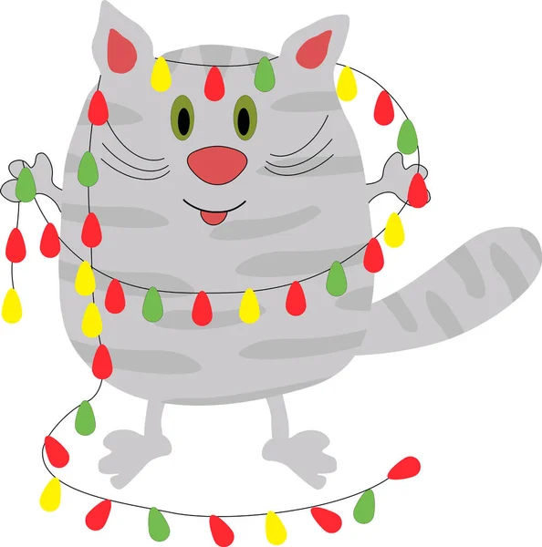 Lindo Gato Divertido Con Una Ilustración Dibujos Animados Guirnalda Navidad — Vector de stock