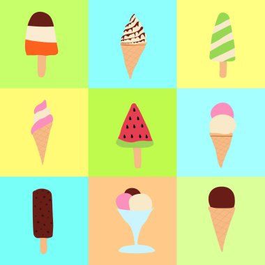 Renkli arka planda bir dondurma seti. İllüstrasyon kusursuz bir kalıp olarak kullanılabilir.