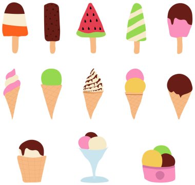 Dondurma takımı. Çubukta dondurma, boynuzlar ve diğerleri dondurma tatlısı. Düz çizilmiş el çizimi vektörü
