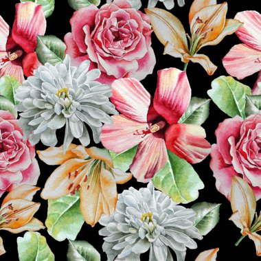  Çiçekler ile Seamless modeli. Rose. Lily. Krizantem. Suluboya. 