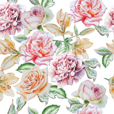  Çiçekler ile Seamless modeli. Rose. Lily. Suluboya. 