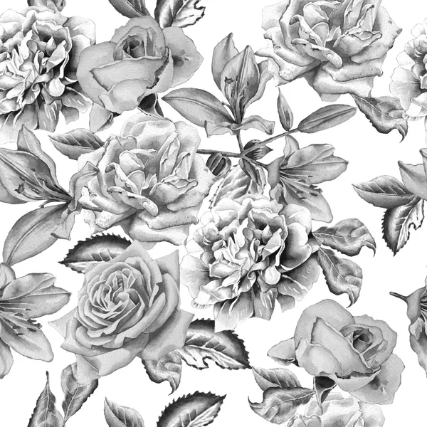 Monochrome seamless pattern with flowers. Rose. lily. Watercolor. — Stock Photo, Image