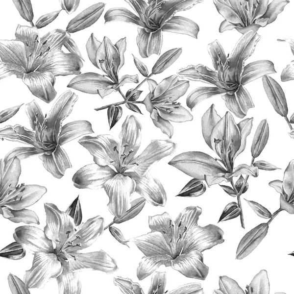 Tek renkli seamless modeli ile zambaklar. Suluboya. 