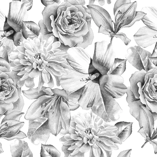 Monochrome seamless pattern  with flowers. Rose. lily. Chrysanthemum. Watercolor. — Stock Photo, Image