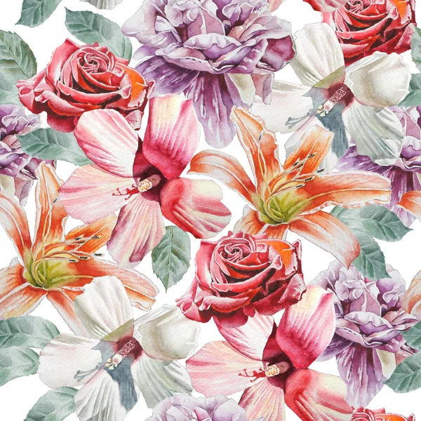 รูปแบบที่ไร้รอยต่อกับดอกไม้ โรส ลิลลี่ สีน้ํา . — ภาพถ่ายสต็อก