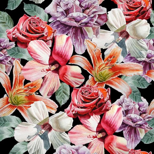  Seamless pattern with flowers. Rose. lily. Watercolor. 