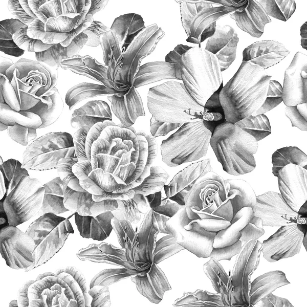 Monochrome seamless pattern with flowers. Rose. lily. Watercolor. — Stock Photo, Image