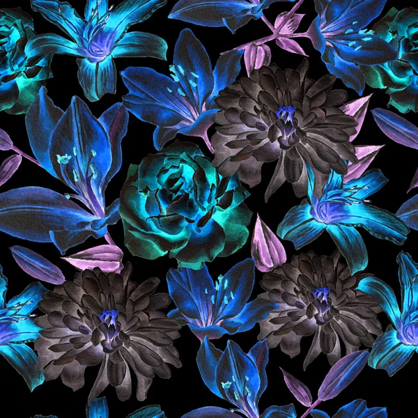 꽃으로 완벽 한 패턴입니다. 로즈입니다. 릴리입니다. 국화입니다. 수채화. — 스톡 사진