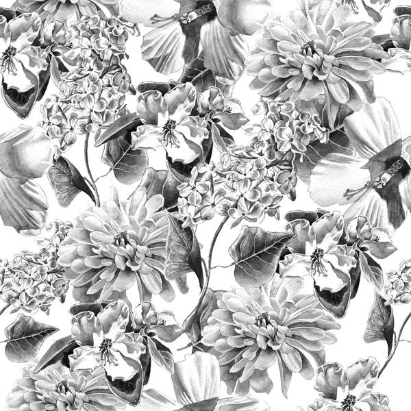 Monochrome seamless pattern with flowers. lily. Chrysanthemum. Lilac. Blossom. Watercolor. — Stock Photo, Image