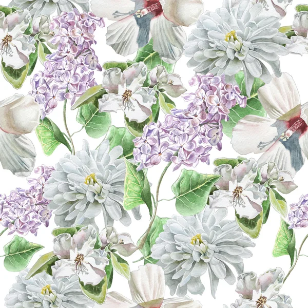 Seamless pattern with flowers. lily. Chrysanthemum. Lilac. Blossom. Watercolor. — Stock Photo, Image