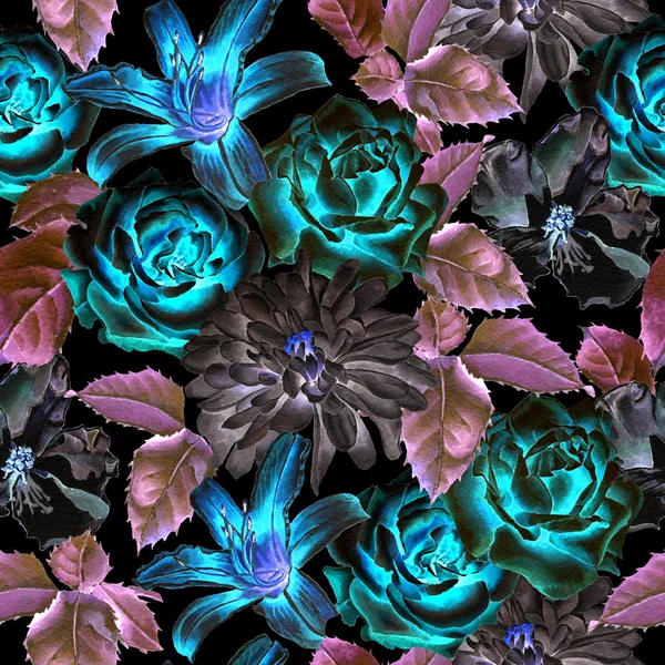 Wzór z kwiatami. Rose. lilia. Chryzantemy. Akwarela. — Zdjęcie stockowe