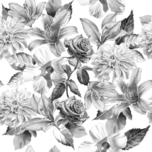 Monochrome seamless pattern with flowers. Rose. lily. Chrysanthemum. Watercolor. — Stock Photo, Image