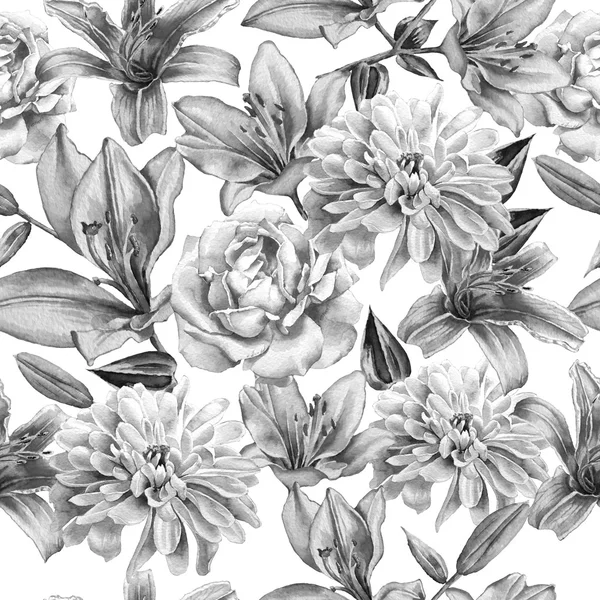 Monochrome seamless pattern with flowers. Rose. lily. Chrysanthemum. Watercolor. — Stock Photo, Image